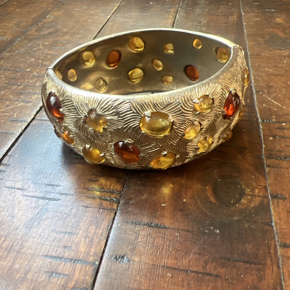 Vintage Multi-Color Cabochon Stones‎ Gold Tone Bangle Bracelet